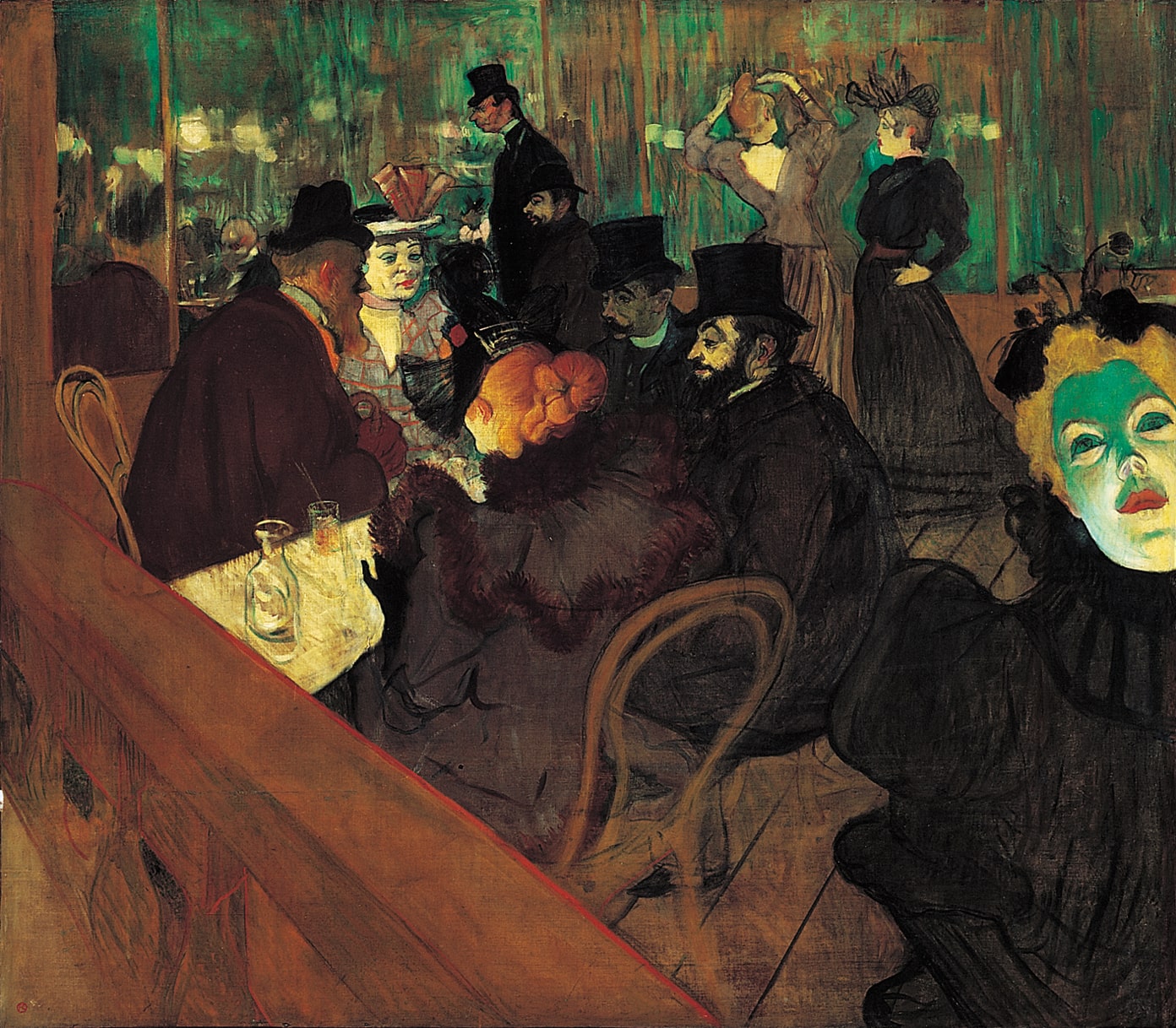 En el Moulin Rouge, del artista postimpresionista Henry de Toulouse-Lautrec. Hacia fines del siglo XIX, comenzaron a tener gran influencia en el arte europeo las imágenes provenientes de otros contextos culturales como las máscaras africanas y y la estampa japonesa.