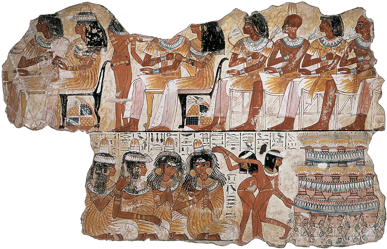 Detalle de un fresco que representa un banquete funerario en el que se pueden apreciar los sirvientes, músicos y bailarines. 