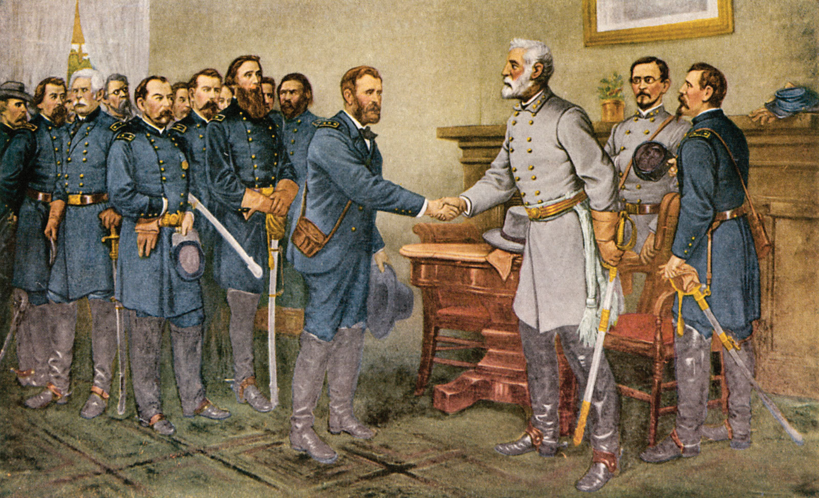 La rendición del general Lee ante el general Grant en Appomattox, Virginia, el 9 de abril de 1865. Reproducción de una pintura de Thomas Nast, realizada hacia 1880.
