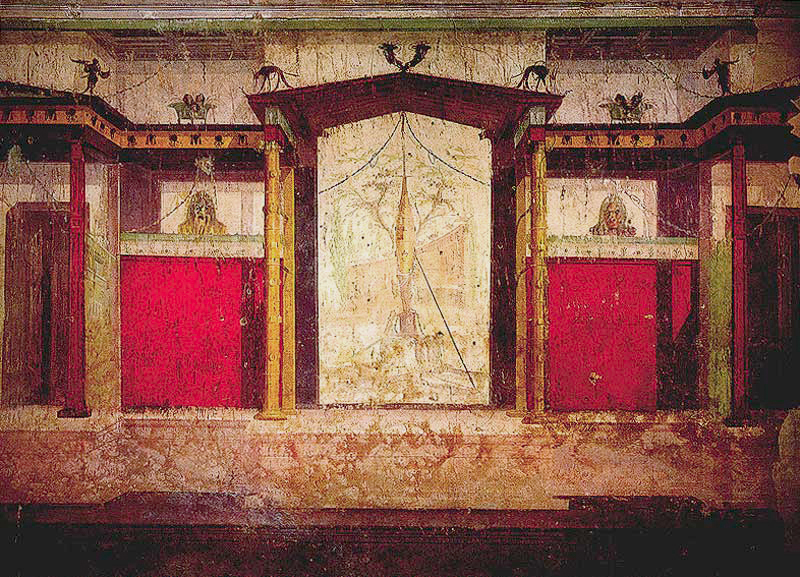 Obra anónima mural ubicada en la Casa de Augusto de la Colina Palatina, siglo I a. C. Las pinturas murales pretenden prolongar de manera ilusionista el espacio de la habitación.