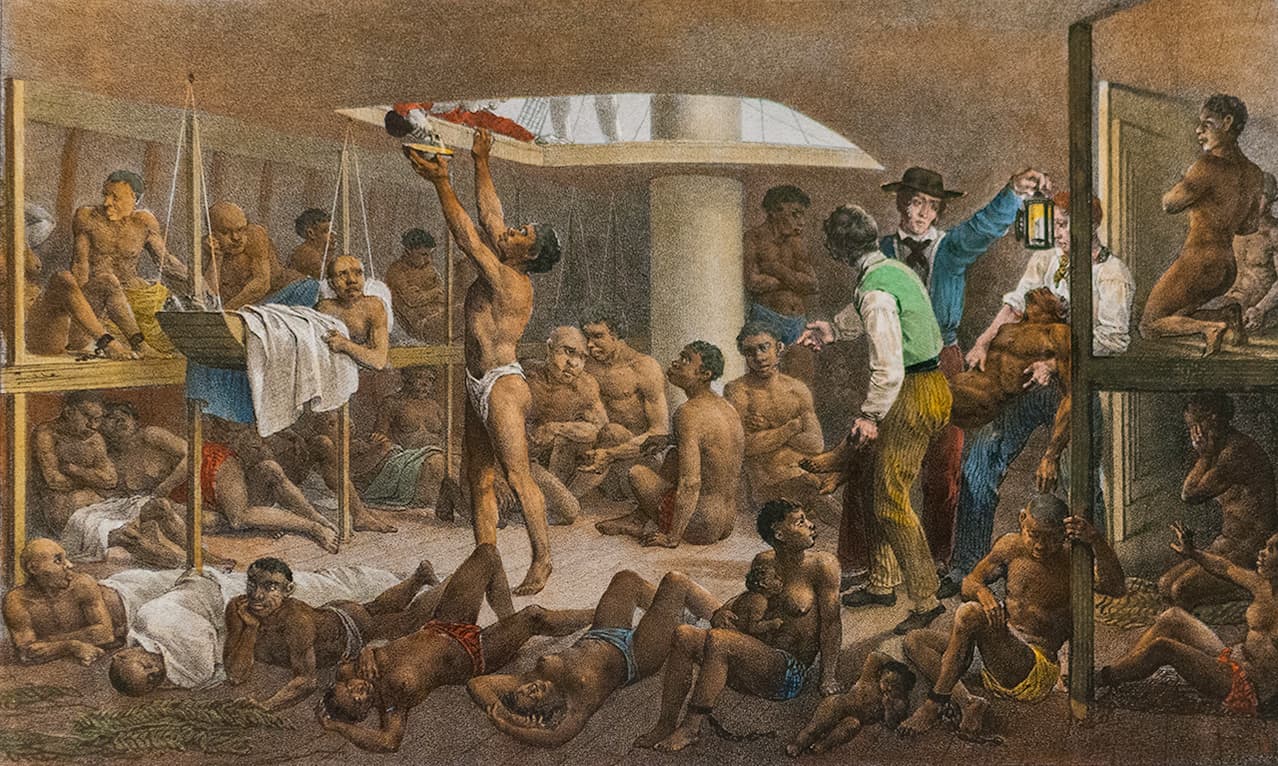 Africanos en el interior de un barco negrero. Pintura realizada por el artista alemán Mauricio Rugendas, en 1830.