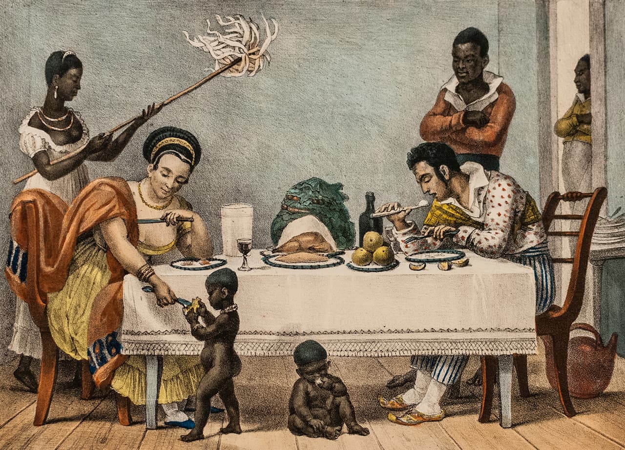 La cena, litografía que muestra a esclavos negros atendiendo a sus amos en una plantación de Brasil. Pintura realizada por el artista francés Jean-Baptiste Debret en la década de 1830.