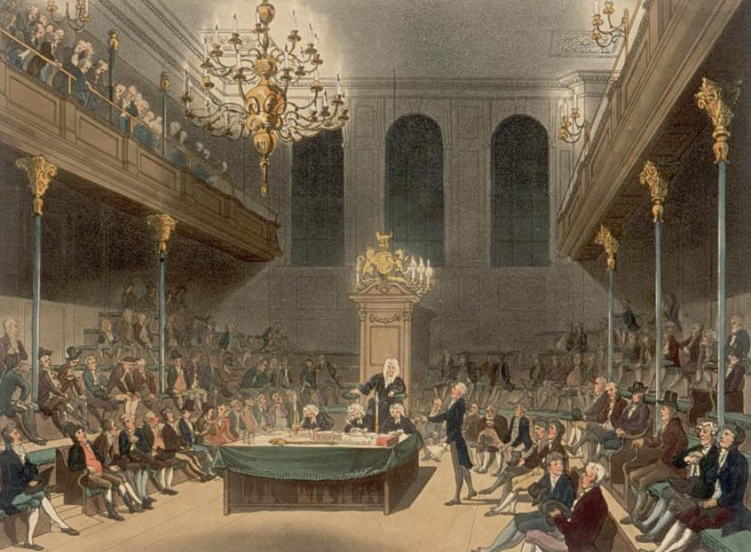 Una sesión de la Cámara de los Comunes del Parlamento británico, a fines del siglo XVIII. Pintura realizada por el artista británico Thomas Rowlandson, en 1808. Gran Bretaña fue la cuna del liberalismo.