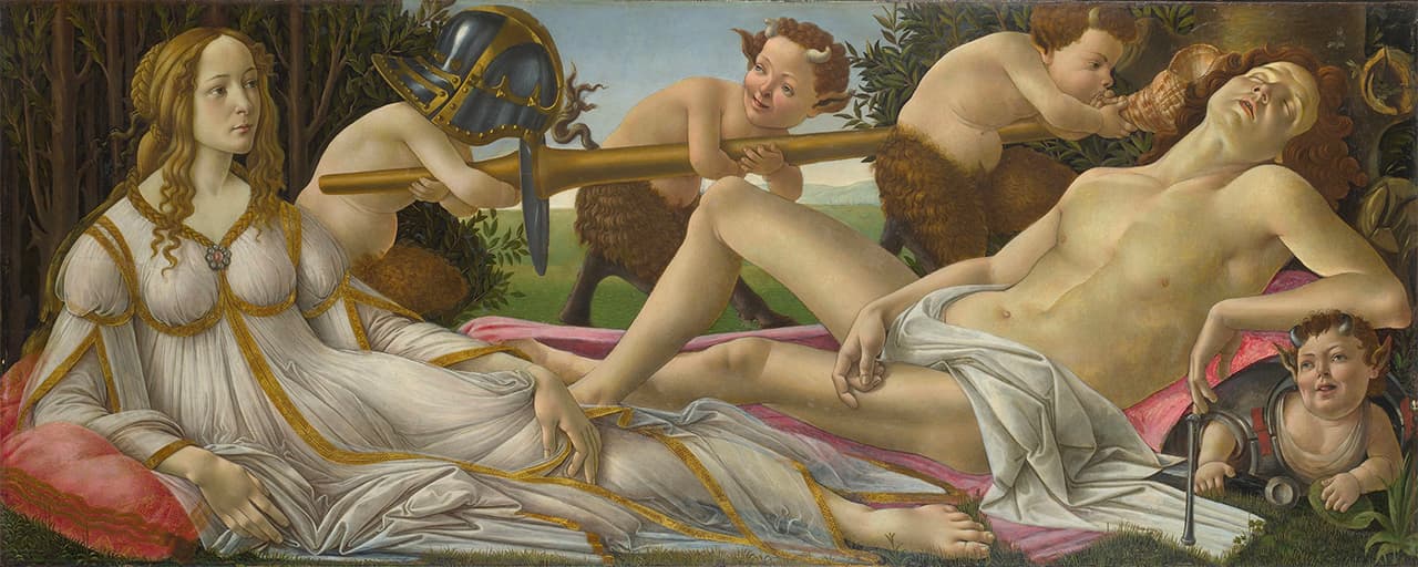 Marte y Venus, 1483, pintura de Sandro Botticelli que muestra al dios Ares, en su versión romana, dormido mientras Venus observa y unos sátiros juegan con sus armas.