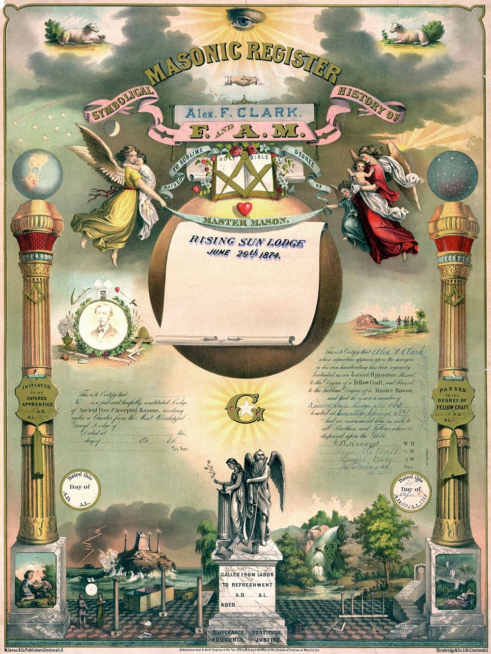 Certificado de pertenencia a una logia masónica emitido en los Estados Unidos en 1874.