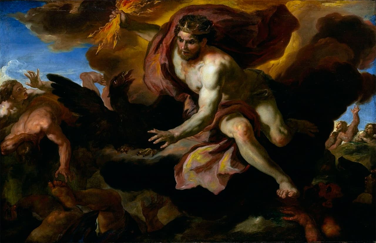 La lucha de Zeus contra los Gigantes. Pintura de Johann Michael Rottmayr.