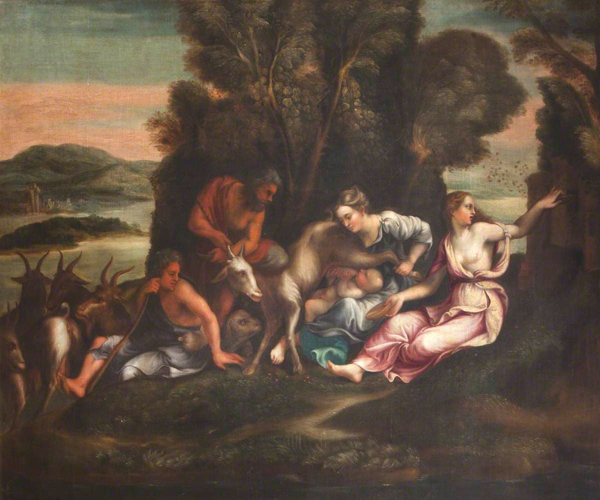 Pintura de un seguidor de Giulio Romano que representa a la cabra Amaltea amamantando a Zeus.