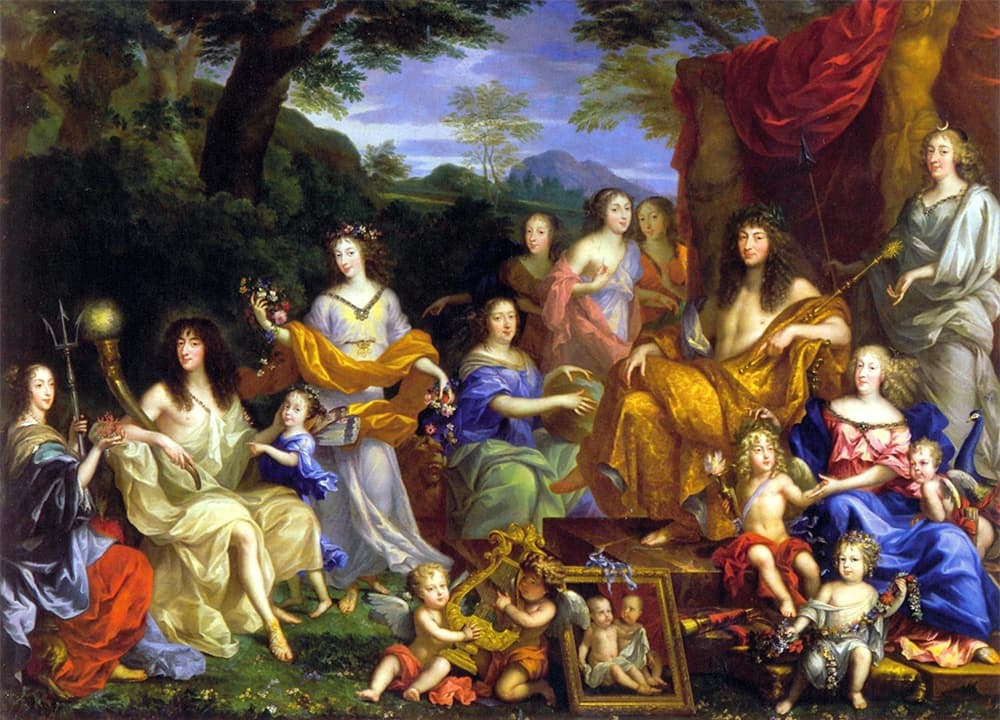 La familia de Luis XIV. En esta pintura realizada por Jean Nocret en 1670, el rey aparece como Apolo, el dios asociado al sol en la mitología griega.