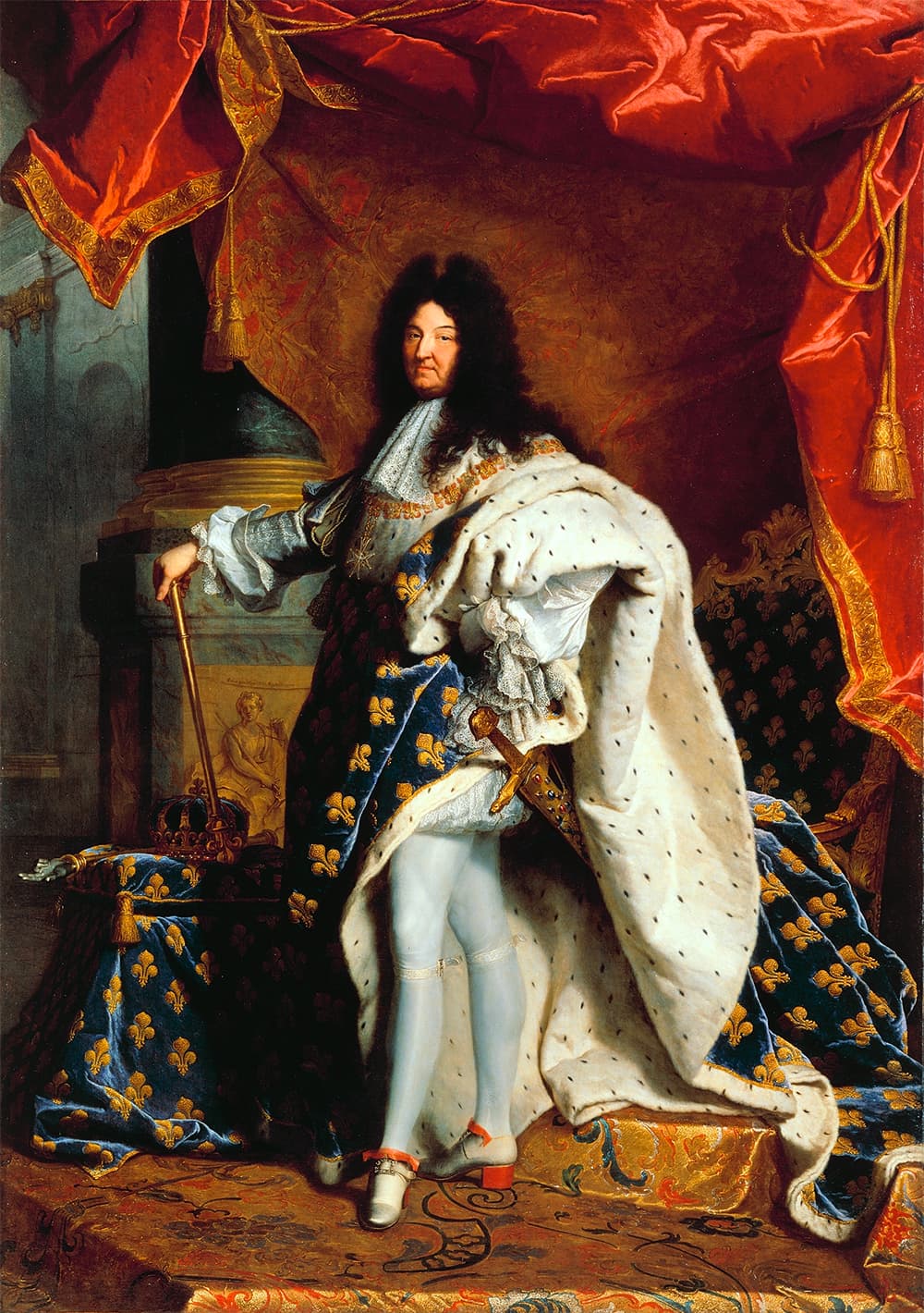 Representación de Luis XIV con todos los atributos del poder real, pintura de Hyacinthe Rigaud, 1700-1701.