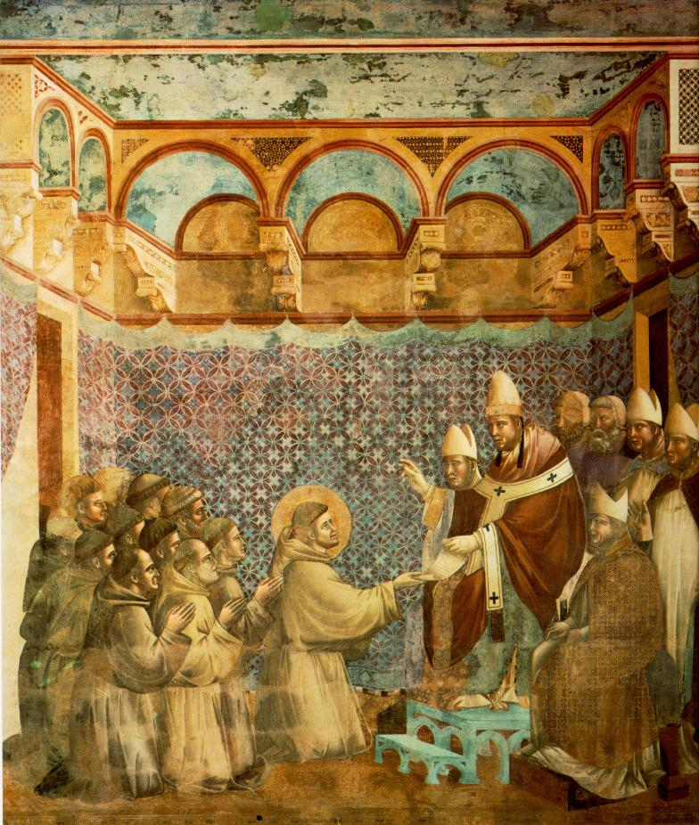 Confirmación de la Regla de San Francisco, fresco de Giotto en la Basílica de San Francisco de Asís, Italia.