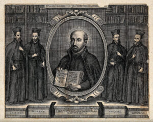 San Ignacio de Loyola representado en un grabado como fundador de la orden de la Compañía de Jesús.