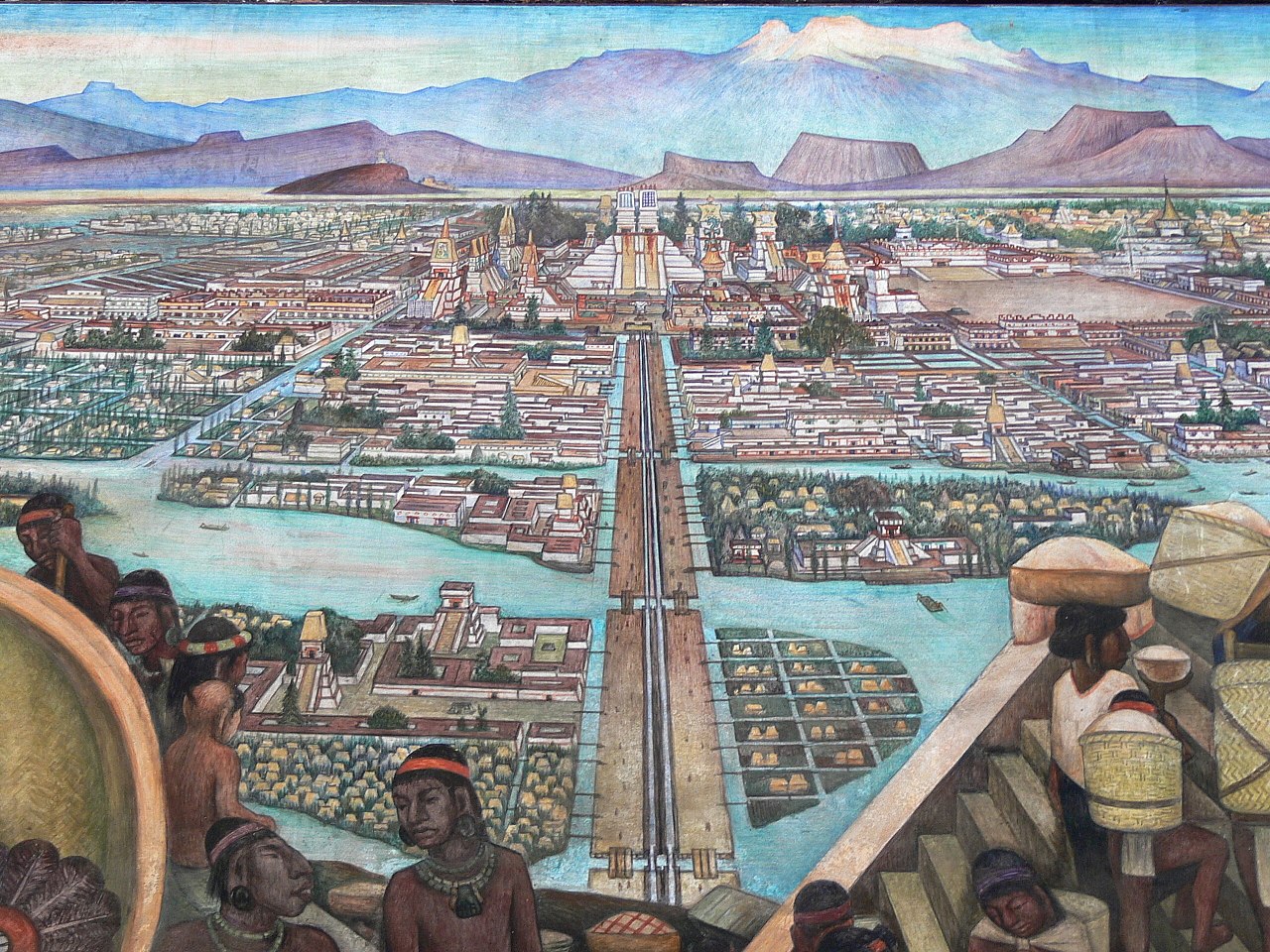 La gran Tenochtitlán, mural de Diego Rivera en el que se observan algunas chinampas en los costados de la calzada que lleva al centro de la ciudad.