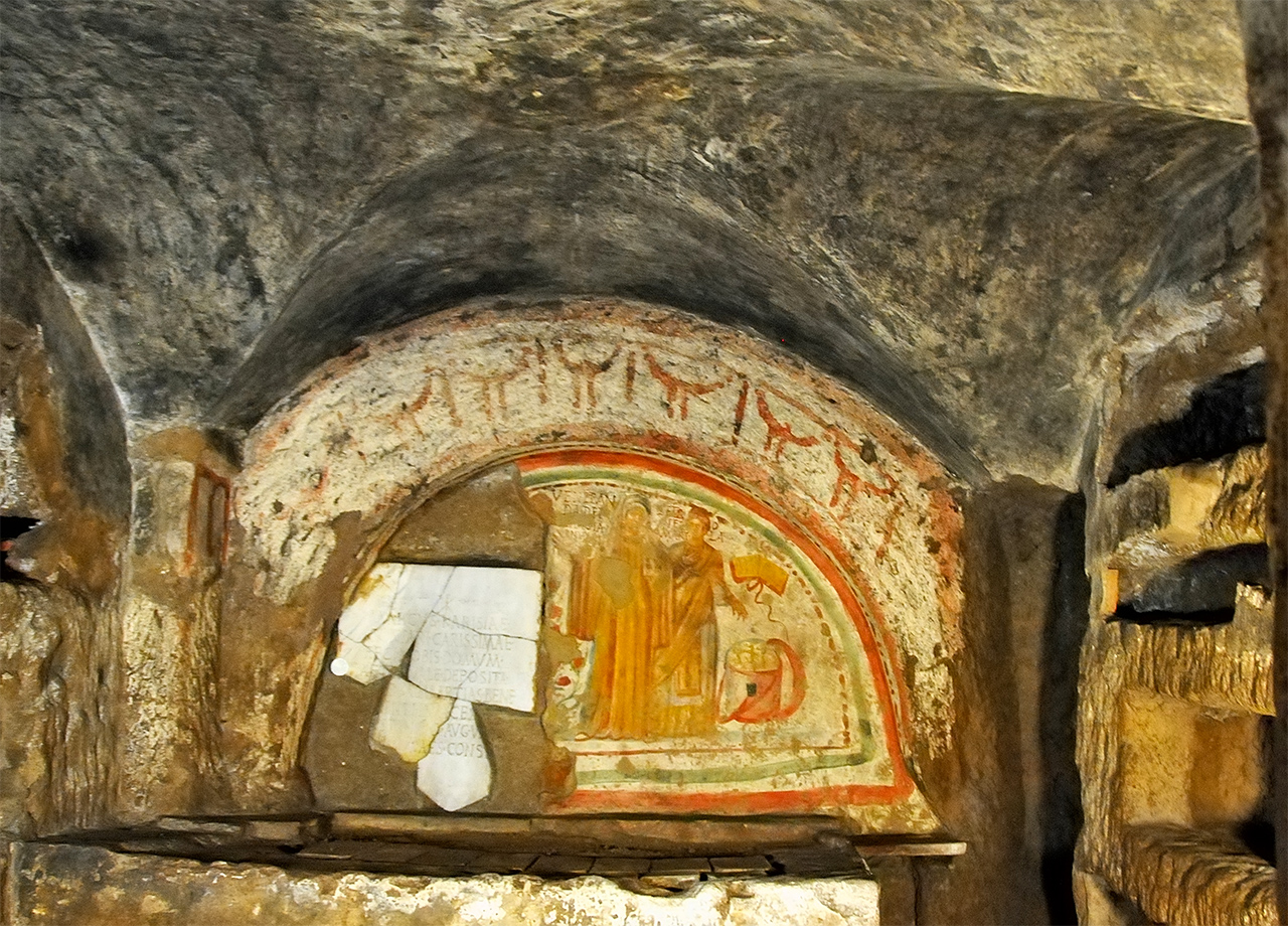 Pintura mural en una tumba en la Catacumba de Domitila, Roma.