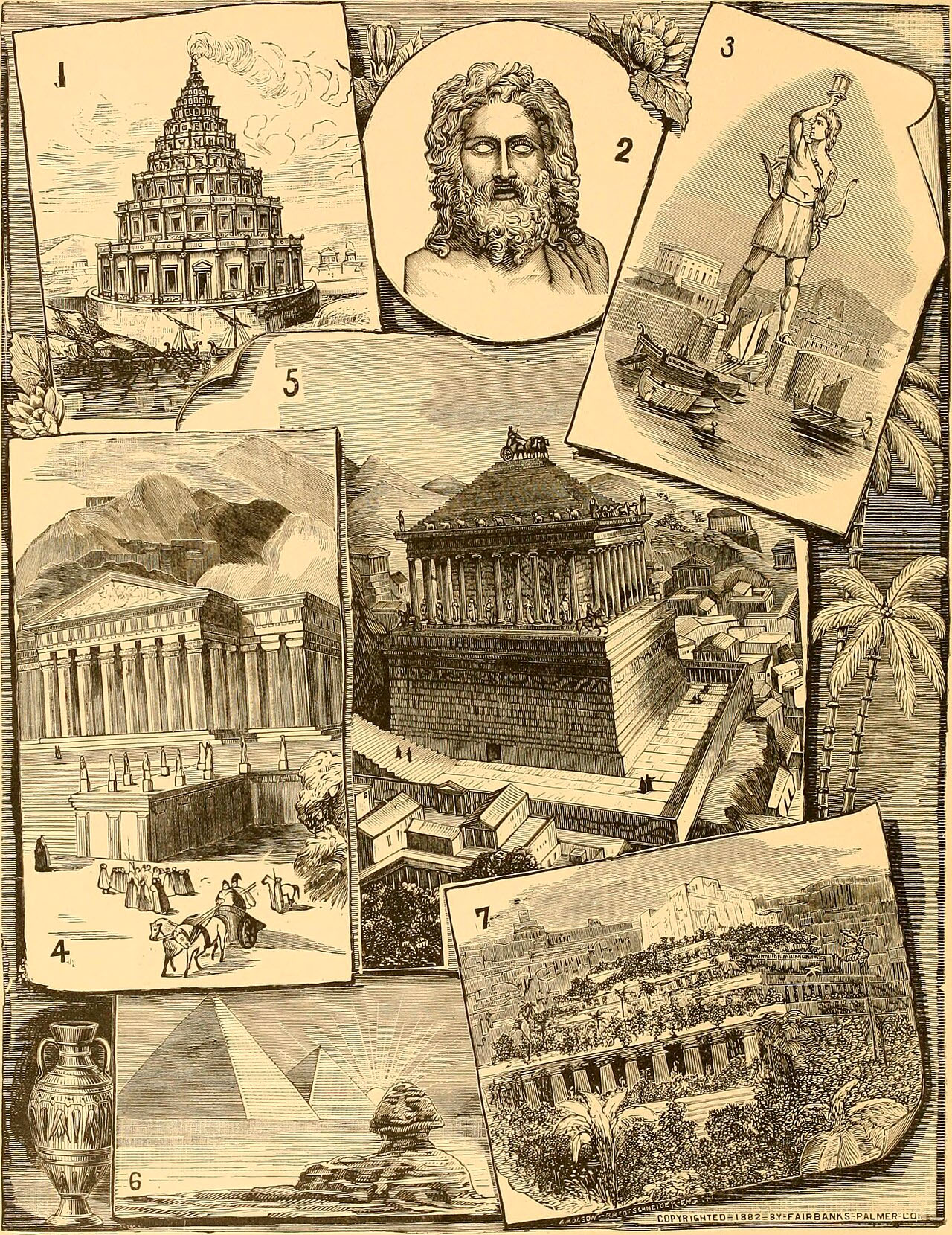 Ilustración de un libro de fines del siglo XIX que muestra las siete maravillas del mundo tal como se las concebía en la época.