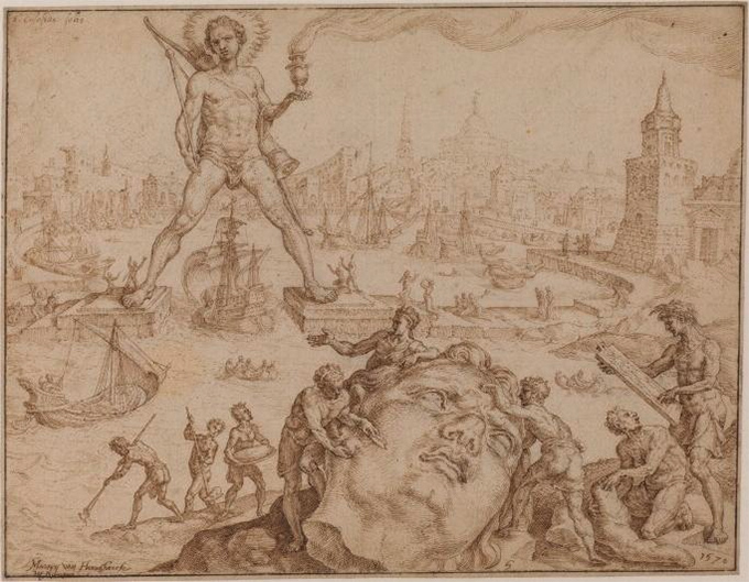 Interpretación del posible aspecto del Coloso de Rodas según el artista holandés Maarten van Heemskerck, 1570.