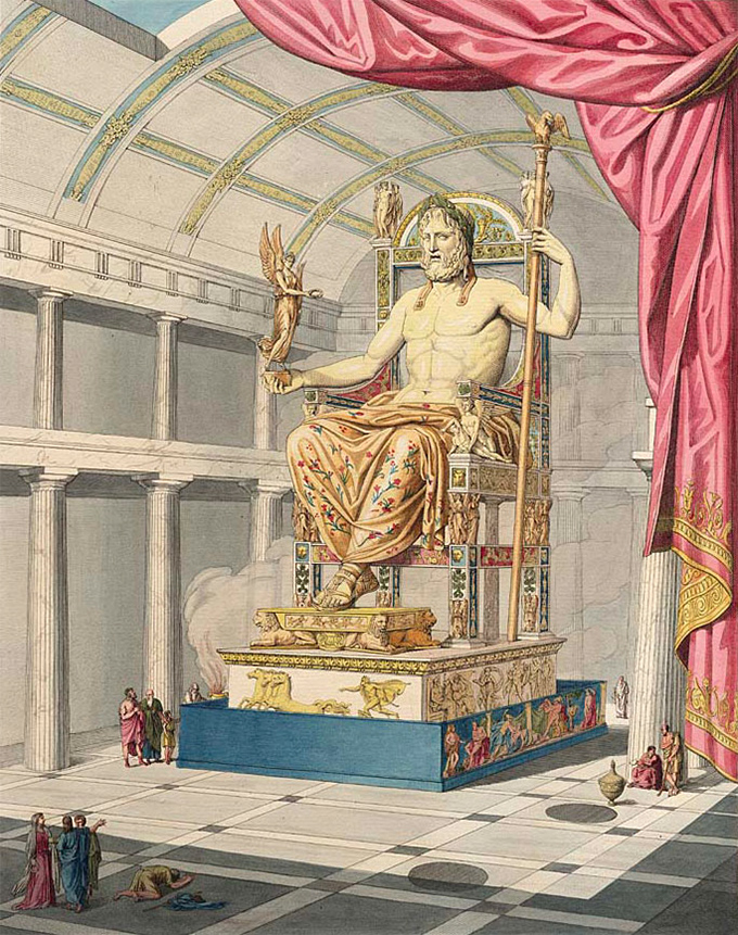 Grabado del siglo XVII que describe la estatua de Zeus en Olimpia. 