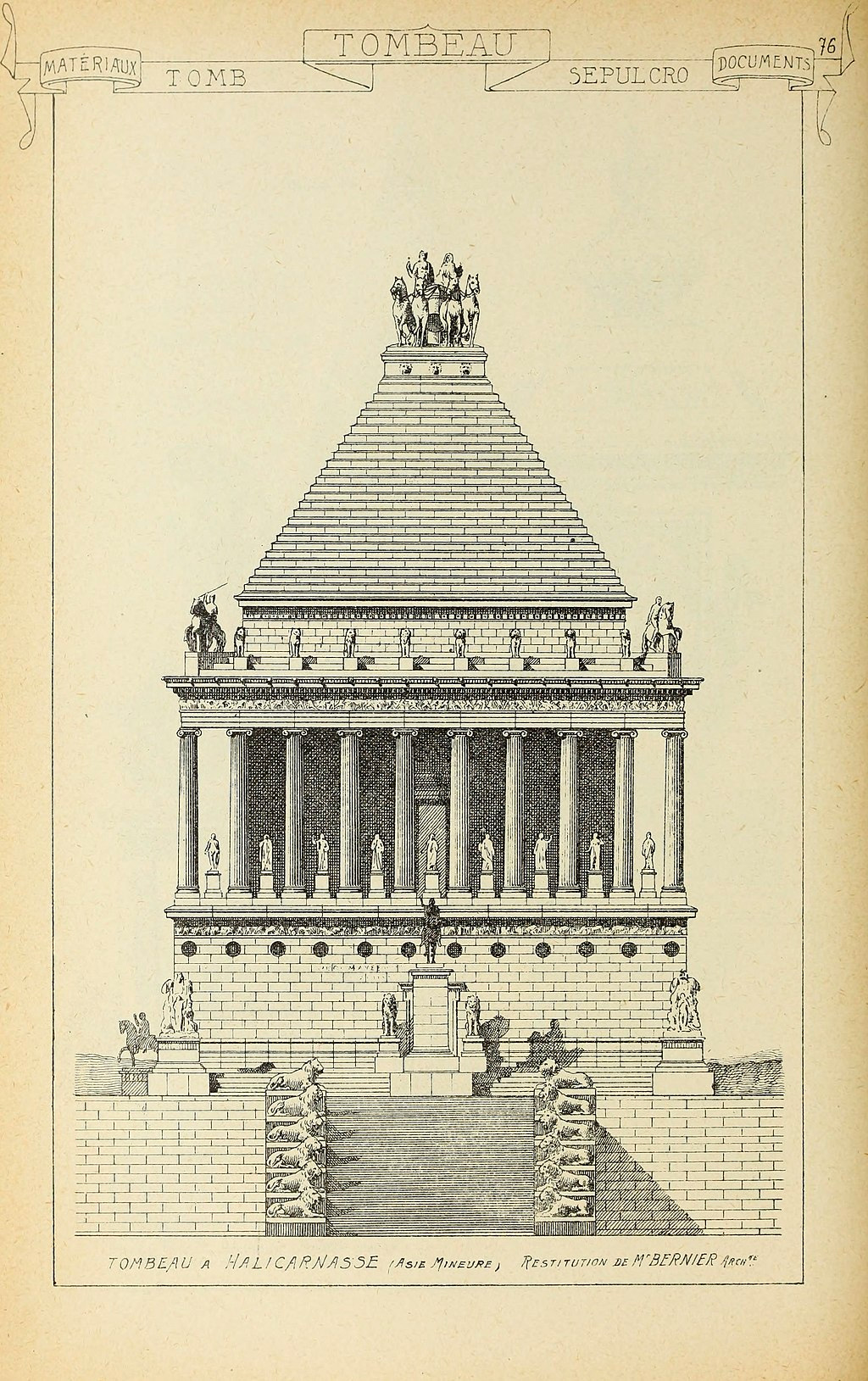 Reconstrucción del Mausoleo de Halicarnaso de acuerdo con una ilustración del libro Materiales y documentos de arquitectura y escultura clasificados alfabéticamente, publicado en Estados Unidos de América en 1915.