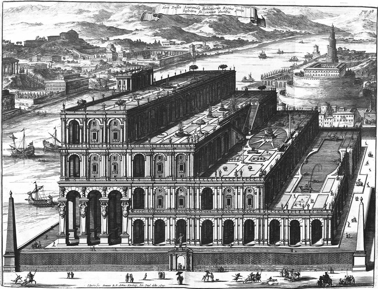 Representación fantasiosa de los Jardines colgantes de Babilonia y, detrás, la Torre de Babel, según Athanasius Kircher, c. 1679.