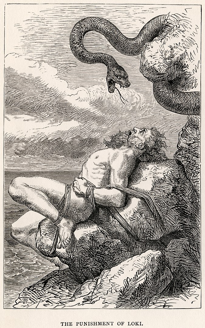 “El castigo de Loki”, de Louis Huard, ilustración del libro Los héroes de Asgard. Historias de la mitología escandinava, 1901.