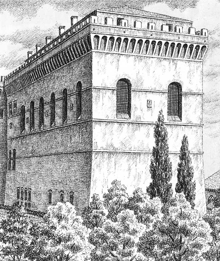 Aspecto exterior de la Capilla Sixtina en el momento de su construcción según un grabado del siglo XIX. 